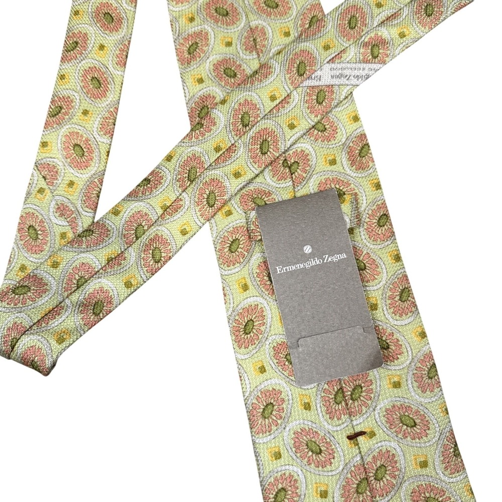 Ermenegildo Zegna Mens Silk Tie Green Peach Geometric Floral Medallion Italy NEW